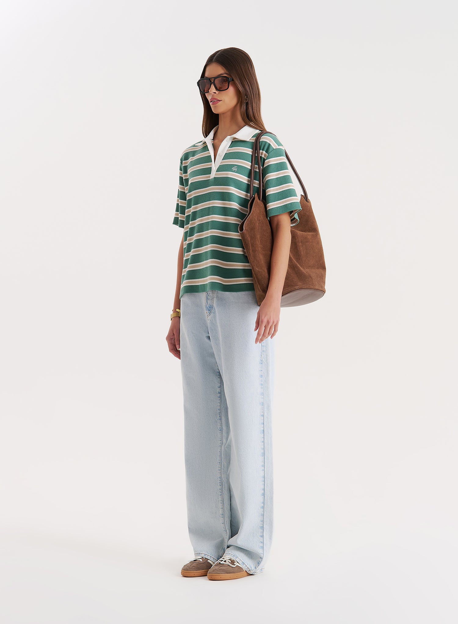 Green Stripe Short Sleeve Polo Top